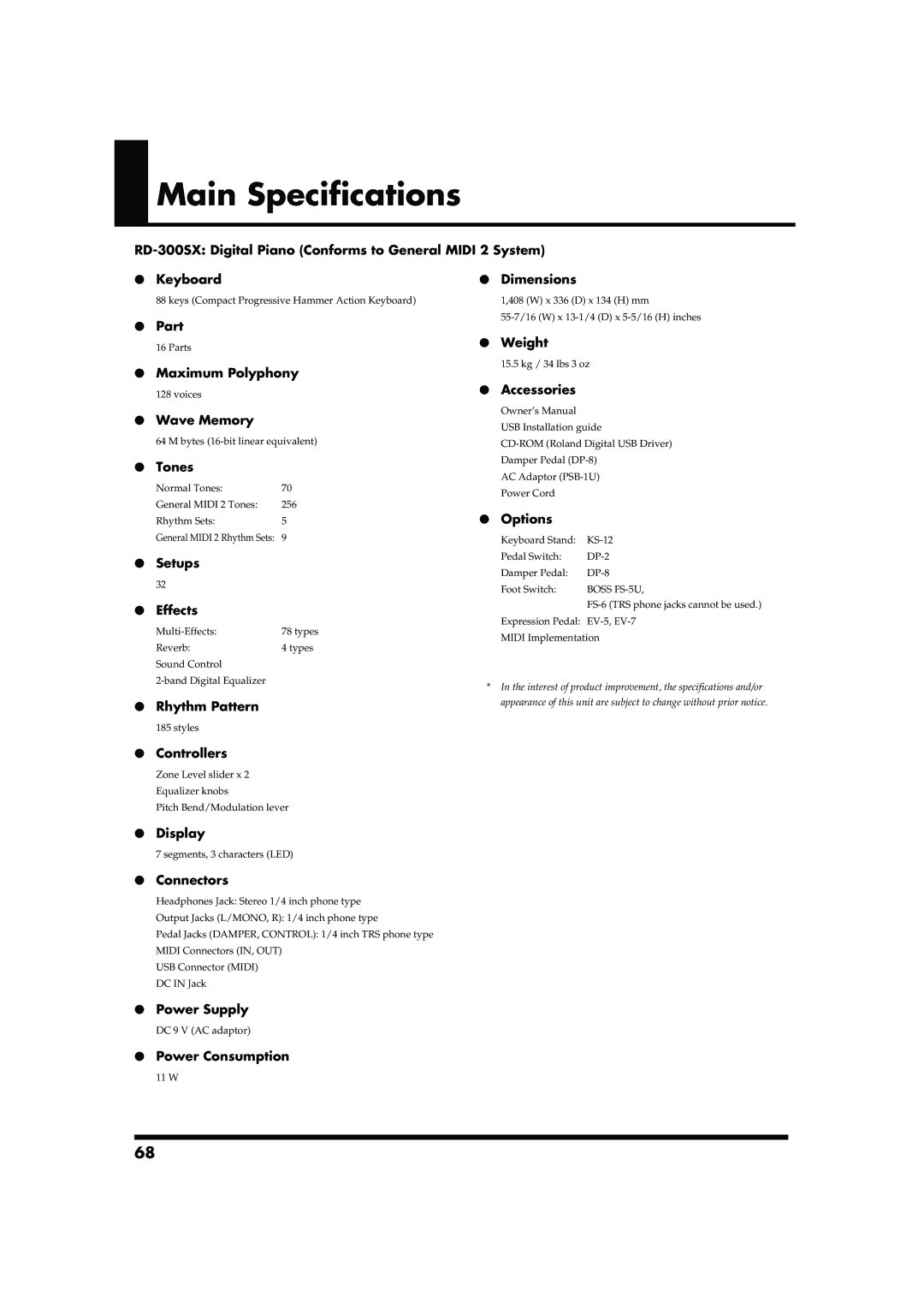 Roland RD-300SX owner manual Main Specifications, Connectors 