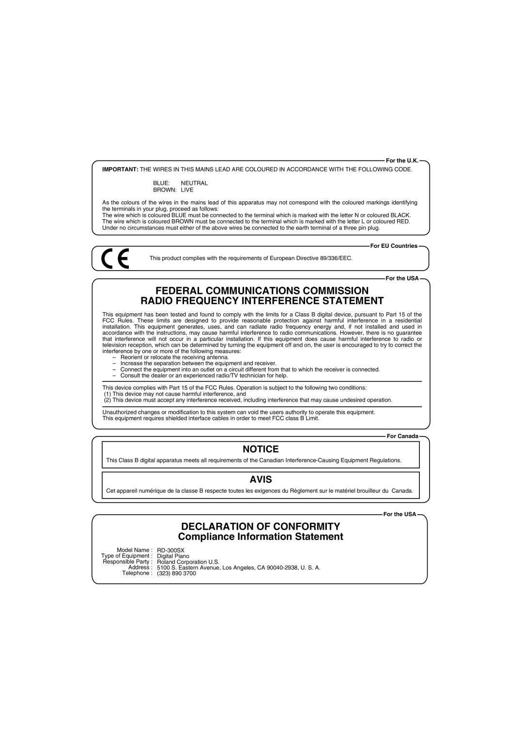 Roland RD-300SX owner manual Compliance Information Statement, For the U.K, For EU Countries, For the USA, For Canada 