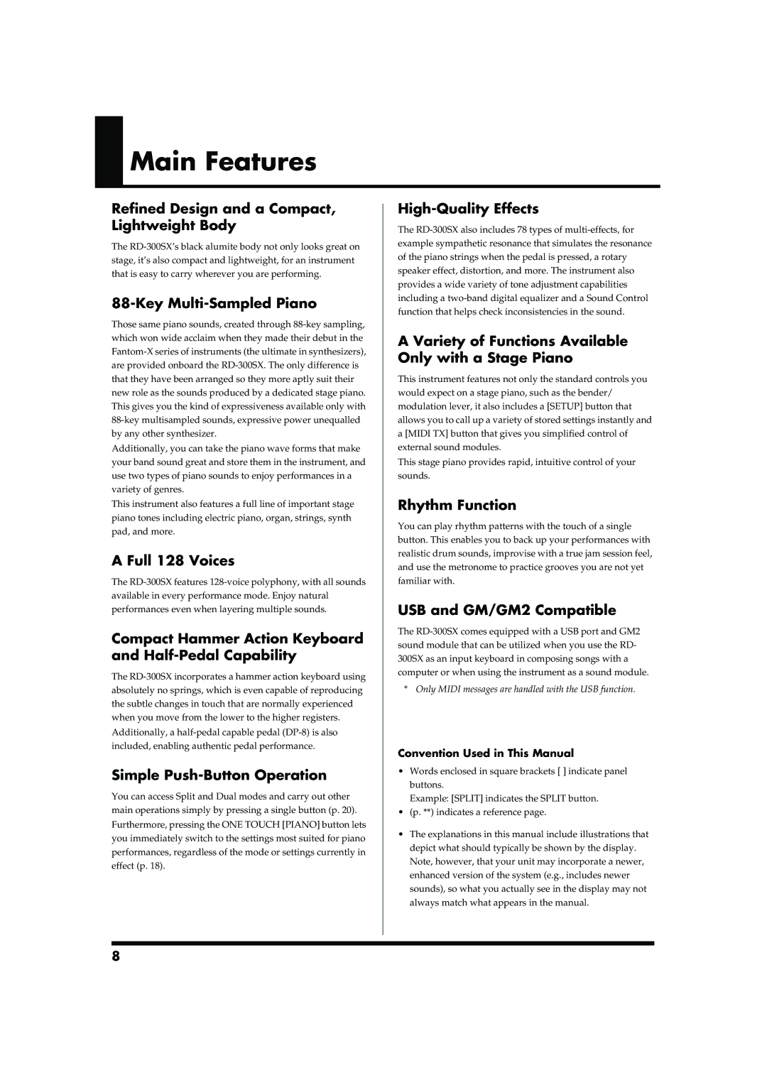 Roland RD-300SX owner manual Main Features 