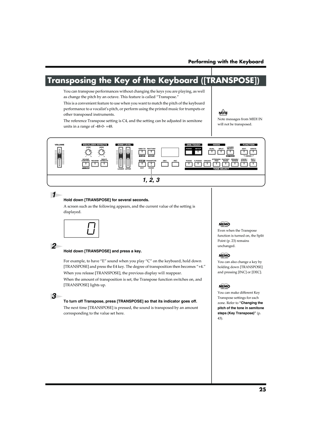 Roland RD-300SX owner manual Transposing the Key of the Keyboard TRANSPOSE, 1, 2, Performing with the Keyboard 