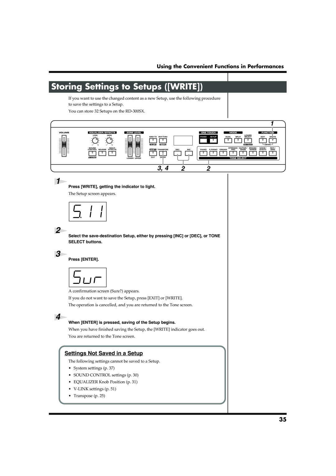 Roland RD-300SX owner manual Storing Settings to Setups WRITE, Settings Not Saved in a Setup, SELECT buttons, Press ENTER 