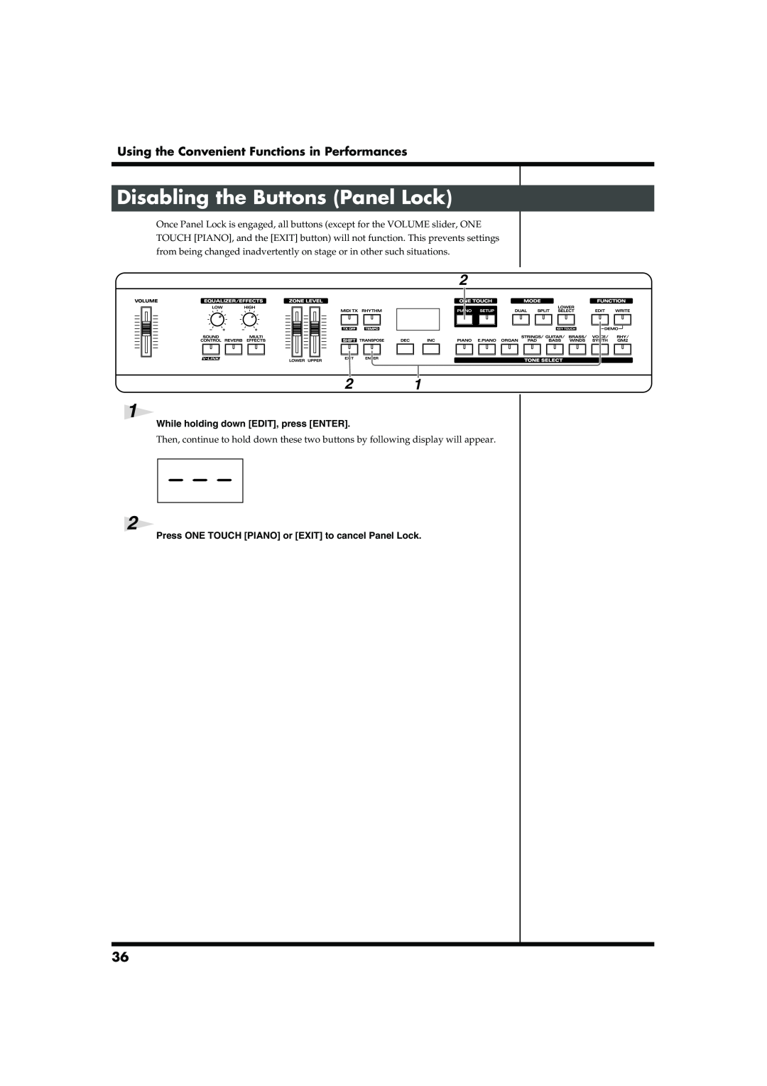 Roland RD-300SX owner manual Disabling the Buttons Panel Lock, Using the Convenient Functions in Performances 