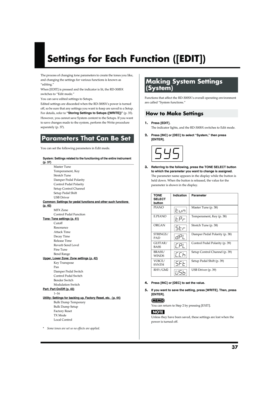 Roland RD-300SX owner manual Settings for Each Function EDIT, Parameters That Can Be Set, Making System Settings System 