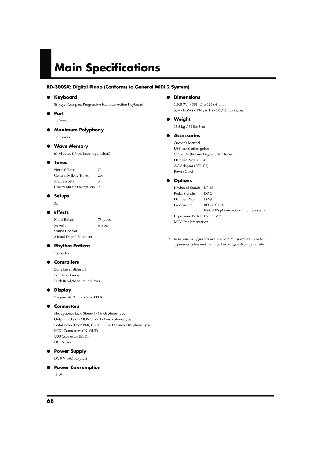 Roland RD-300SX owner manual Main Specifications 