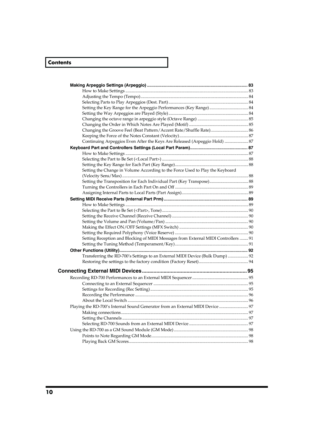 Roland RD-700 owner manual Connecting External Midi Devices, Keyboard Part and Controllers Settings Local Part Param 