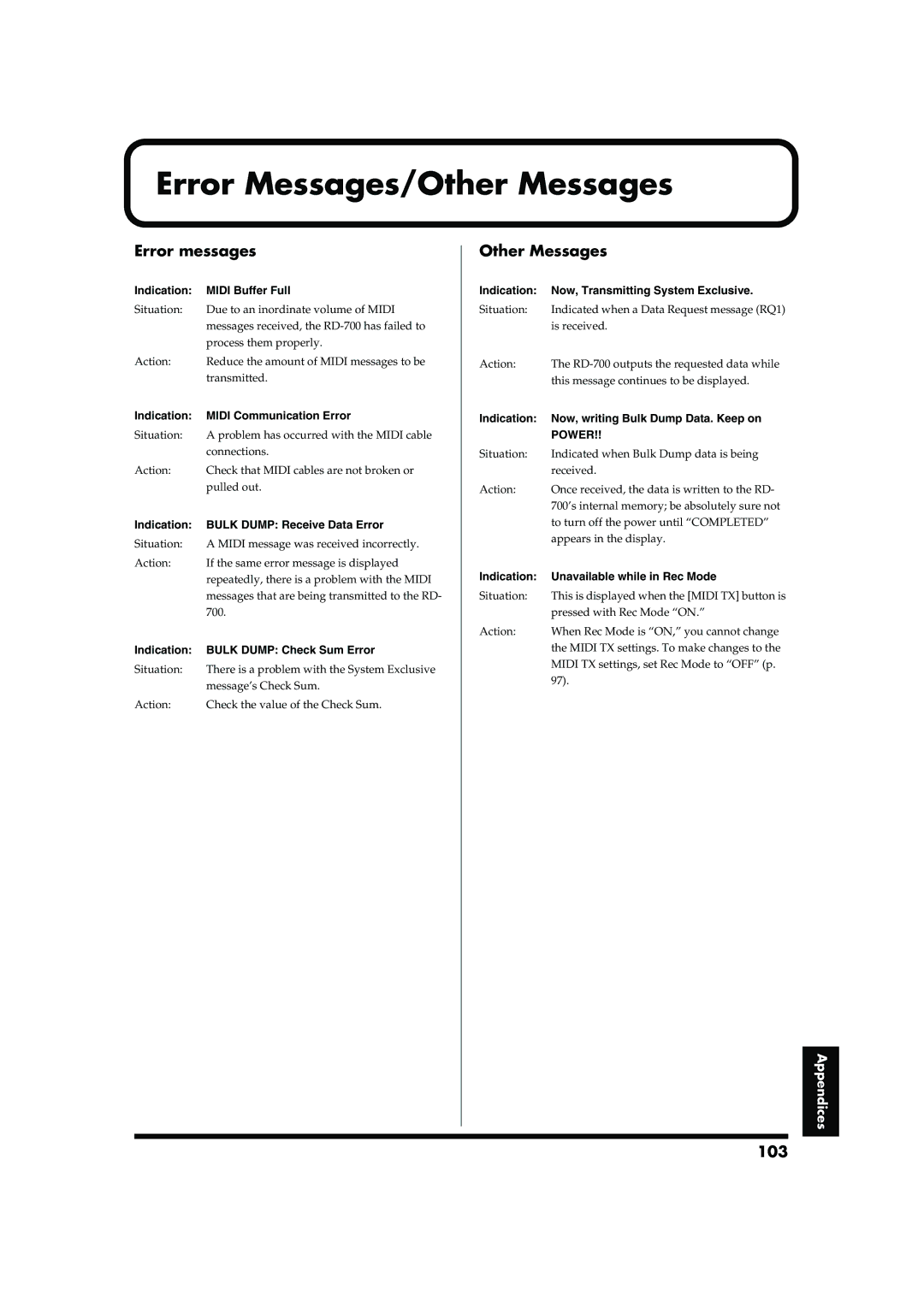 Roland RD-700 owner manual Error Messages/Other Messages, Error messages, 103 