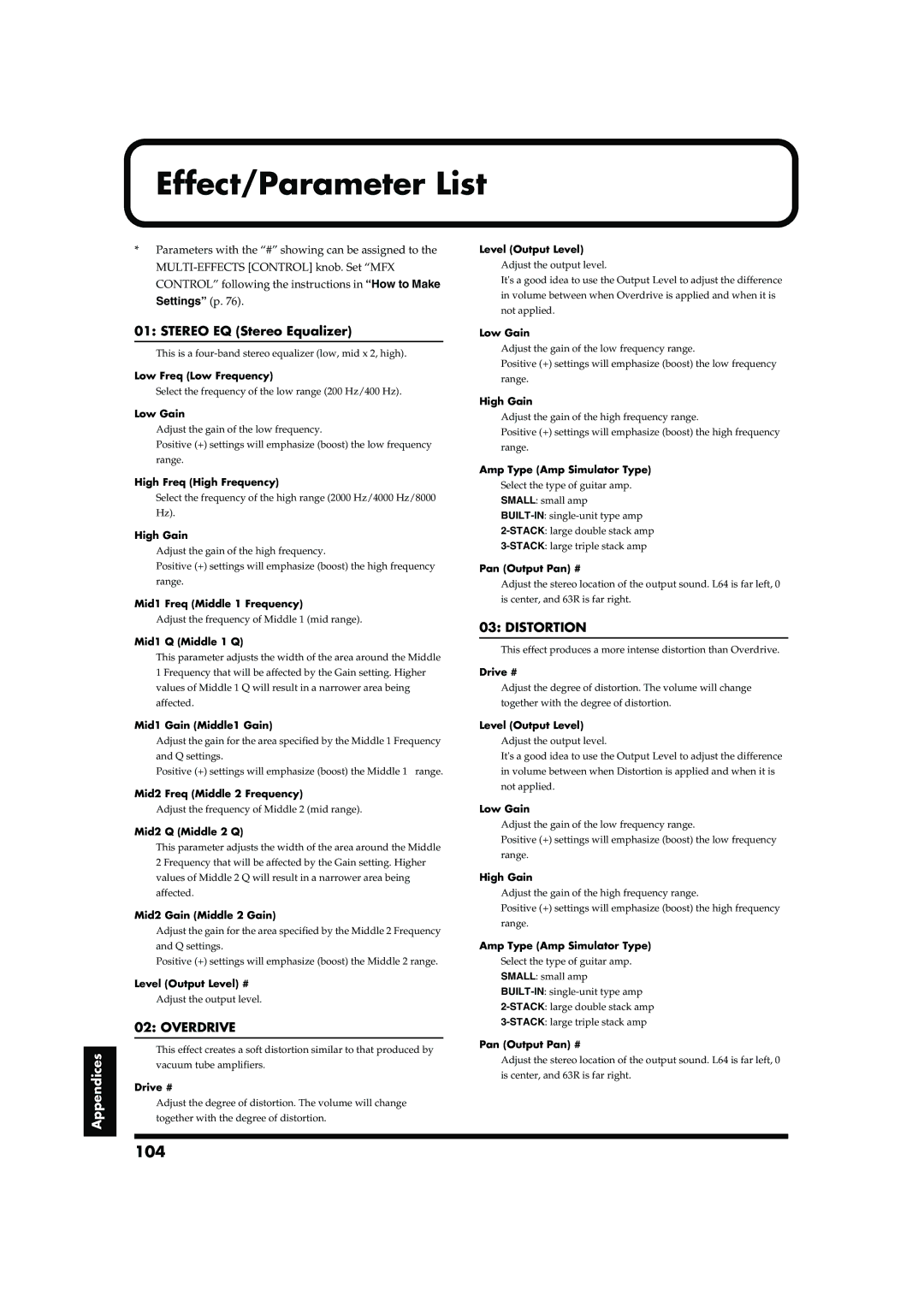 Roland RD-700 owner manual Effect/Parameter List, 104, Stereo EQ Stereo Equalizer, Overdrive, Distortion 