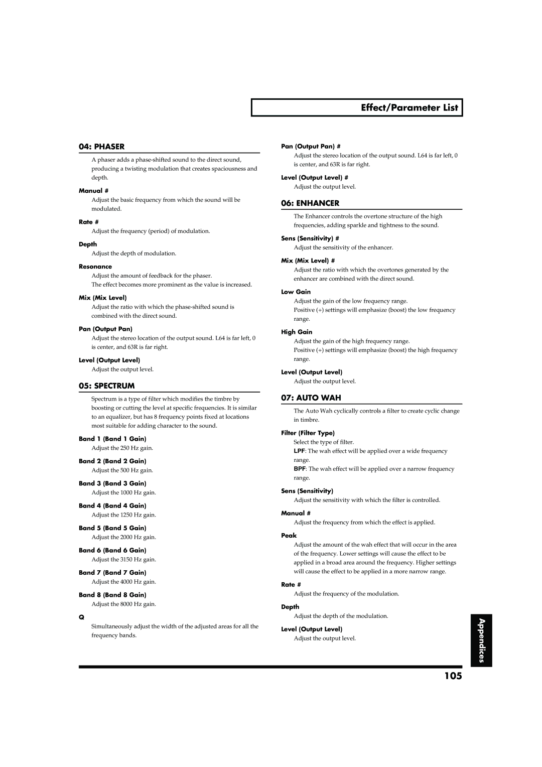 Roland RD-700 owner manual Effect/Parameter List, 105 