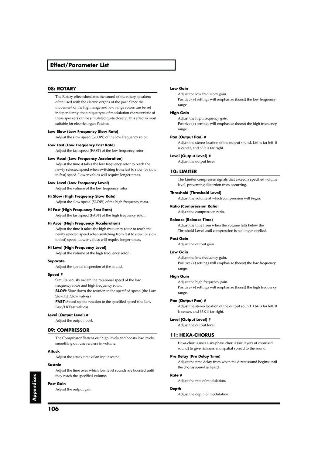 Roland RD-700 owner manual 106, Rotary, Compressor, Limiter, Hexa-Chorus 