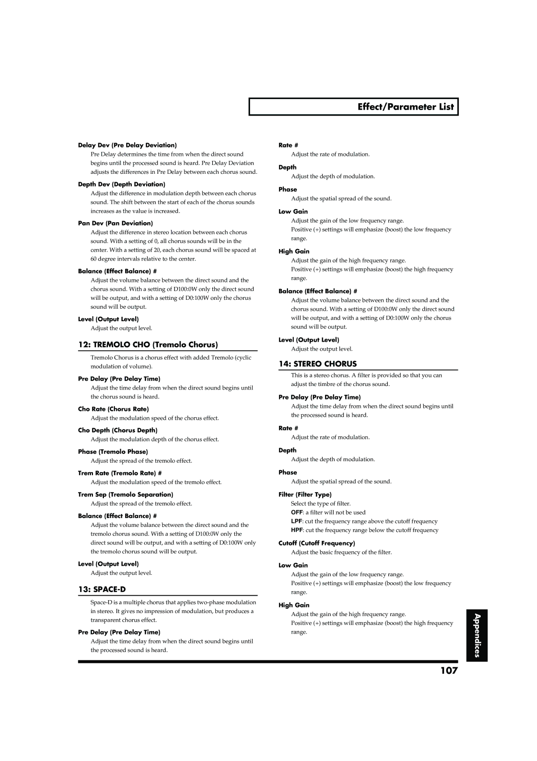 Roland RD-700 owner manual 107, Tremolo CHO Tremolo Chorus, Space-D, Stereo Chorus 