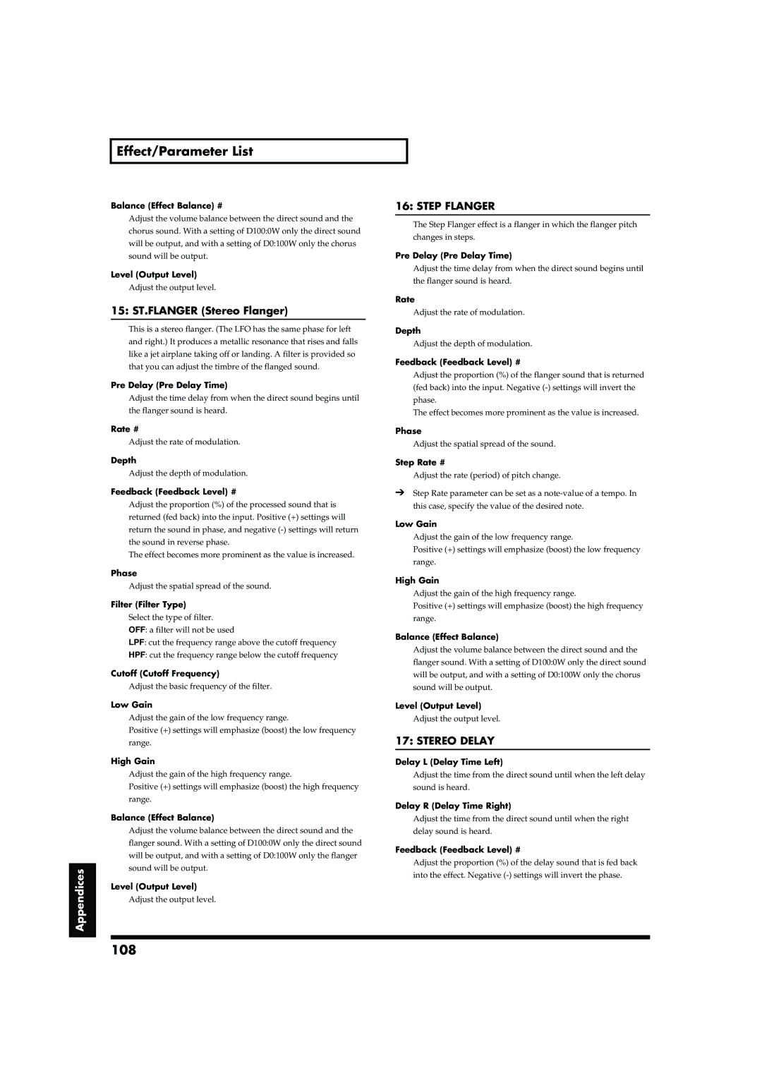 Roland RD-700 owner manual 108, 15 ST.FLANGER Stereo Flanger, Step Flanger, Stereo Delay 