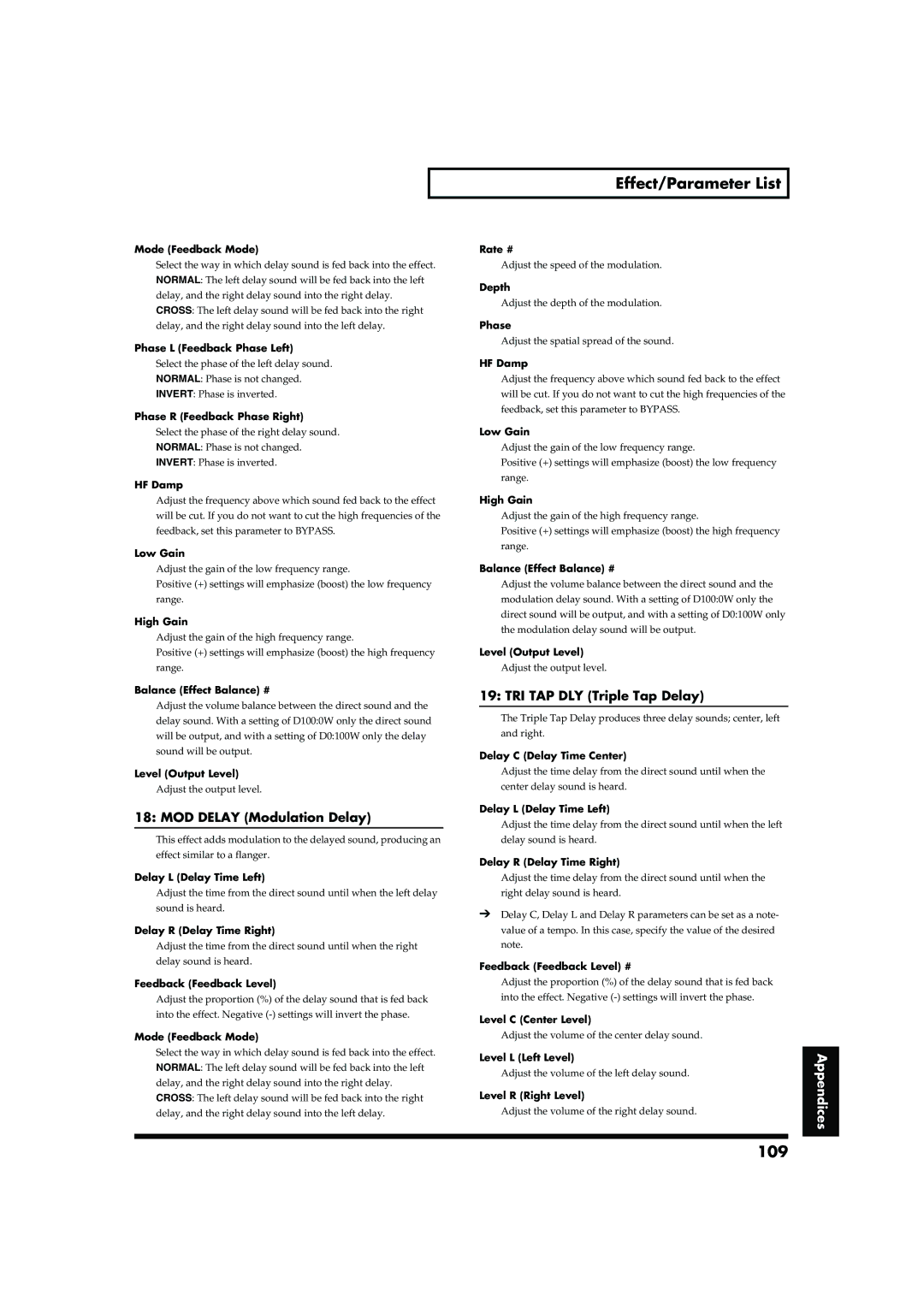 Roland RD-700 owner manual 109, MOD Delay Modulation Delay, TRI TAP DLY Triple Tap Delay 