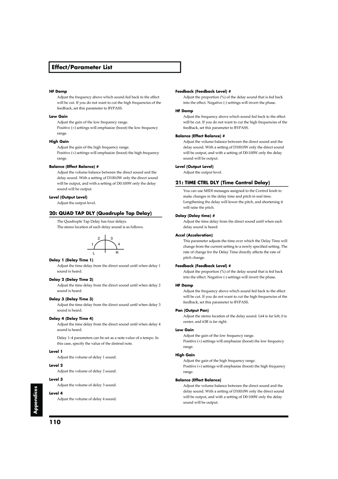 Roland RD-700 owner manual 110, Quad TAP DLY Quadruple Tap Delay, Time Ctrl DLY Time Control Delay 