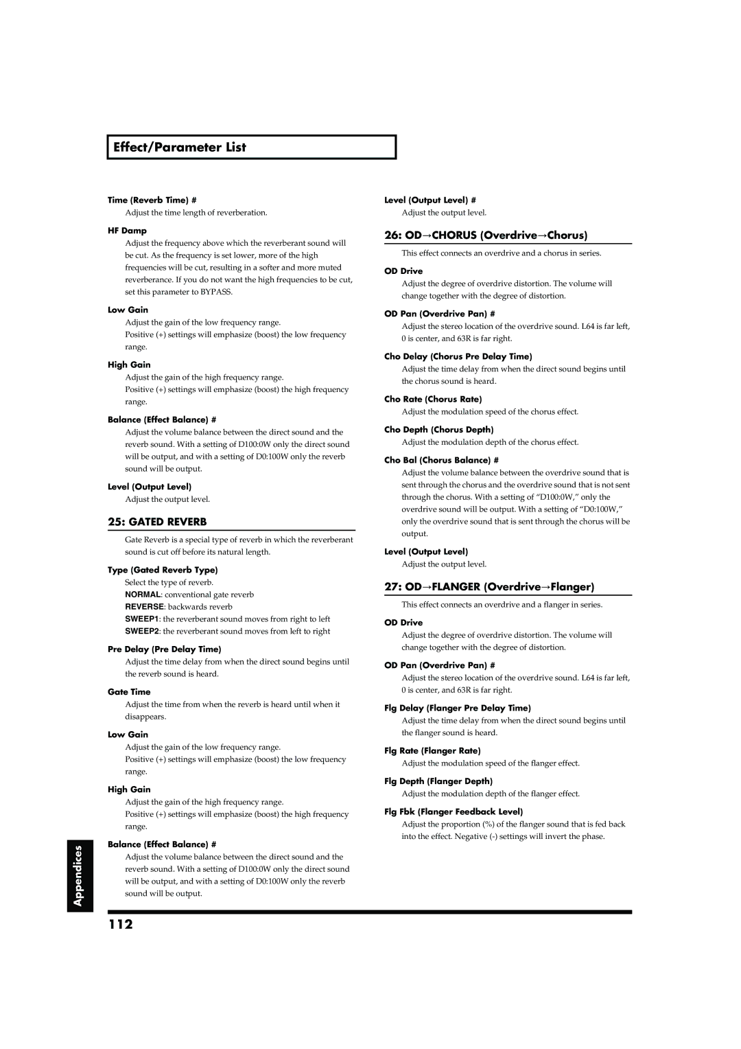 Roland RD-700 owner manual 112, Gated Reverb, 26 OD→CHORUS Overdrive→Chorus, 27 OD→FLANGER Overdrive→Flanger 