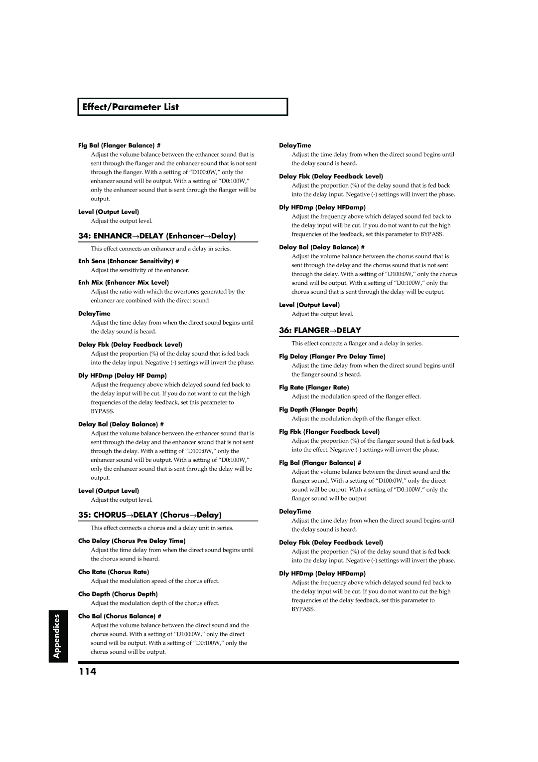 Roland RD-700 owner manual 114, ENHANCR→DELAY Enhancer→Delay, CHORUS→DELAY Chorus→Delay, Flanger→Delay 