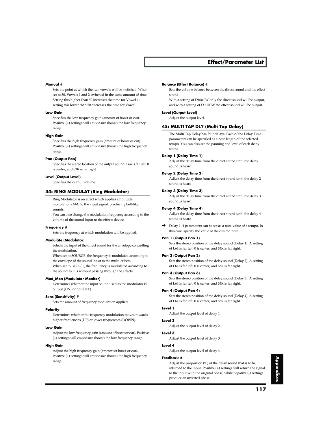 Roland RD-700 owner manual 117, Ring Modulat Ring Modulator, Multi TAP DLY Multi Tap Delay 