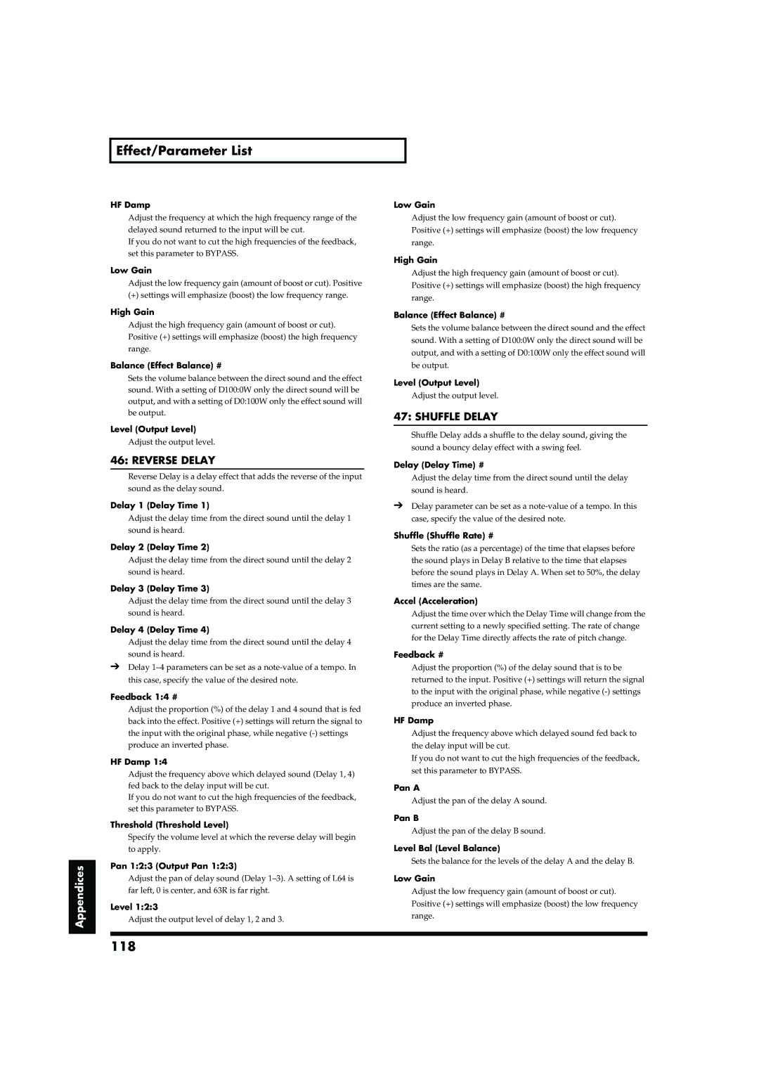 Roland RD-700 owner manual 118, Reverse Delay, Shuffle Delay 