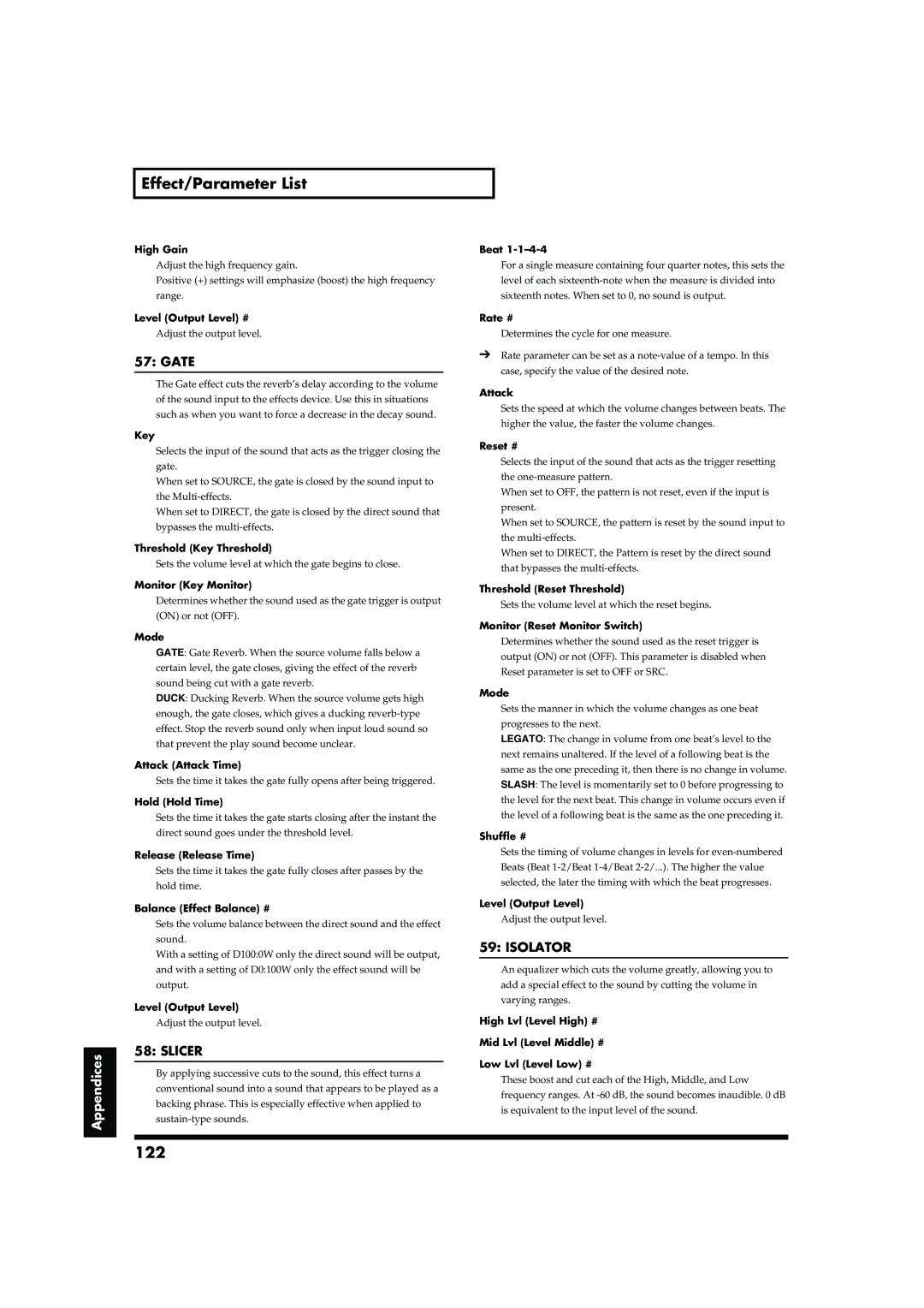 Roland RD-700 owner manual 122, Gate, Slicer, Isolator 