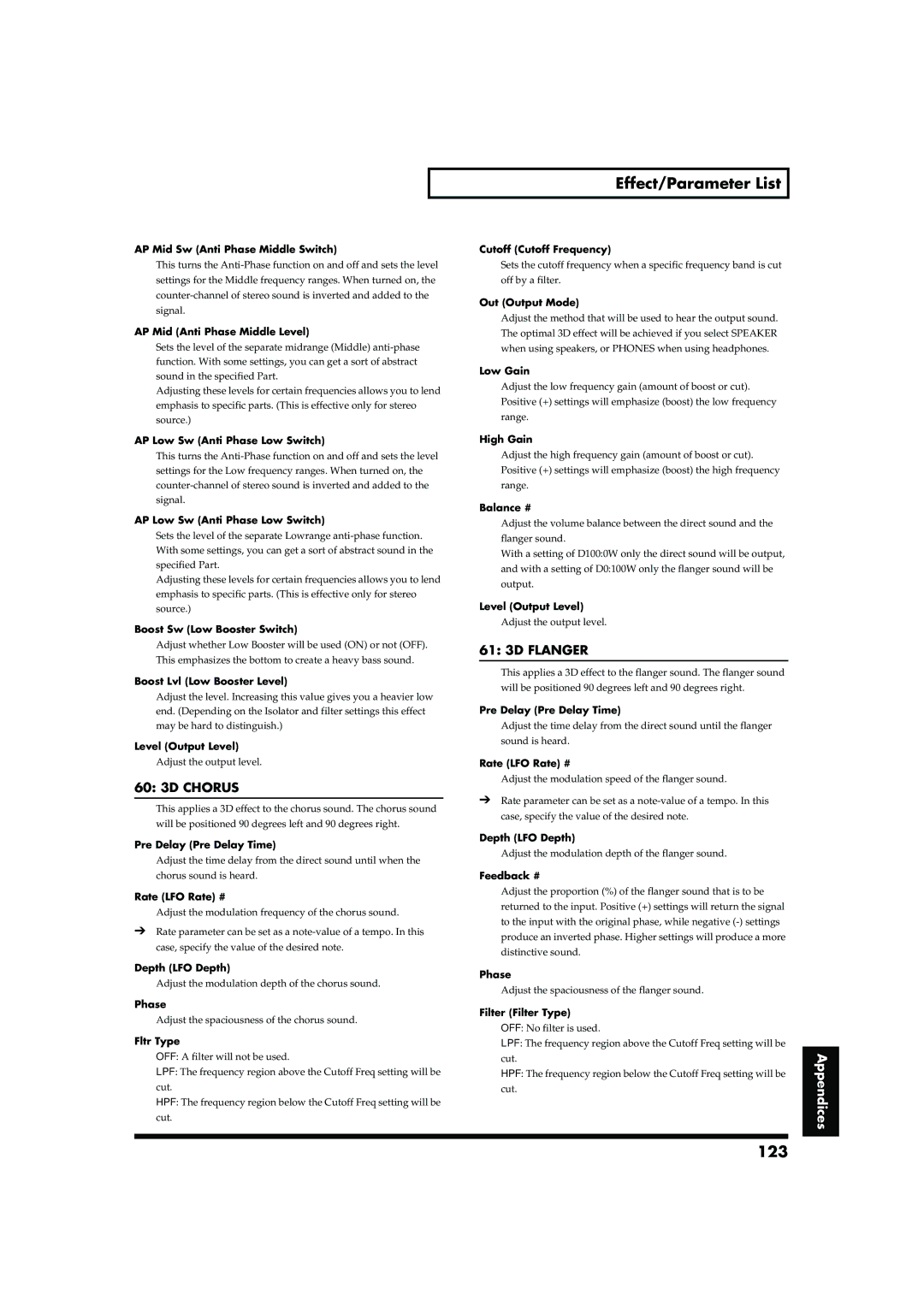 Roland RD-700 owner manual 123, 60 3D Chorus, 61 3D Flanger 