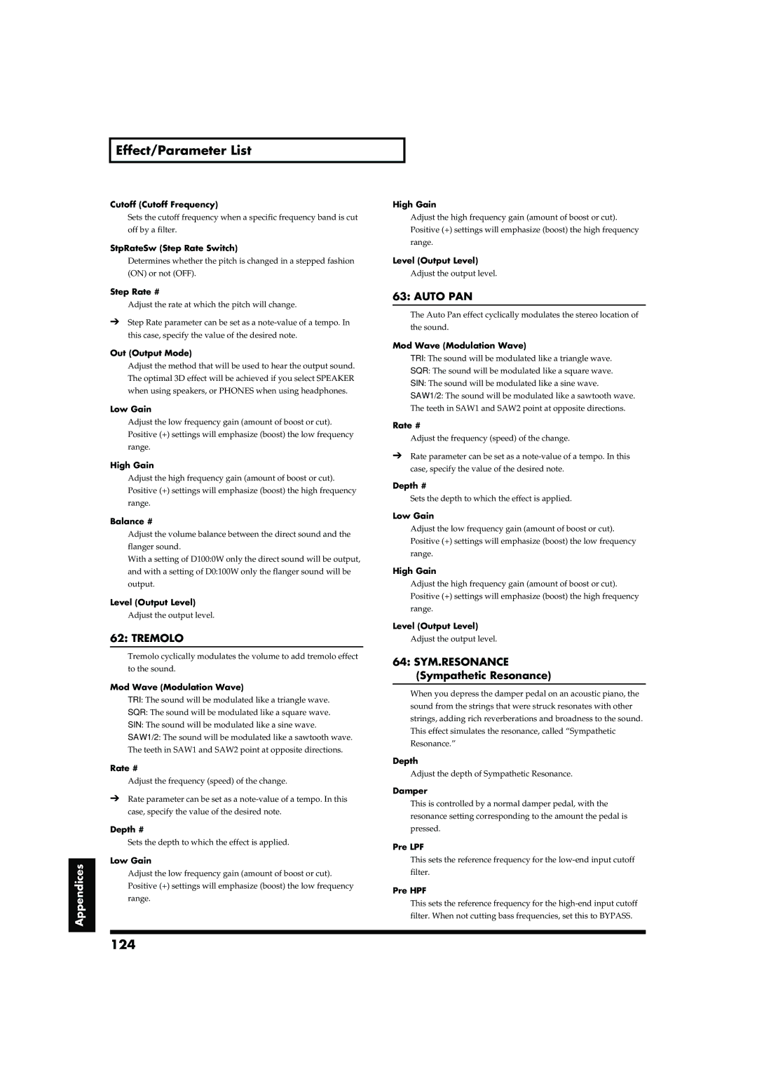 Roland RD-700 owner manual 124, Tremolo, Auto PAN, 64 SYM.RESONANCE Sympathetic Resonance 