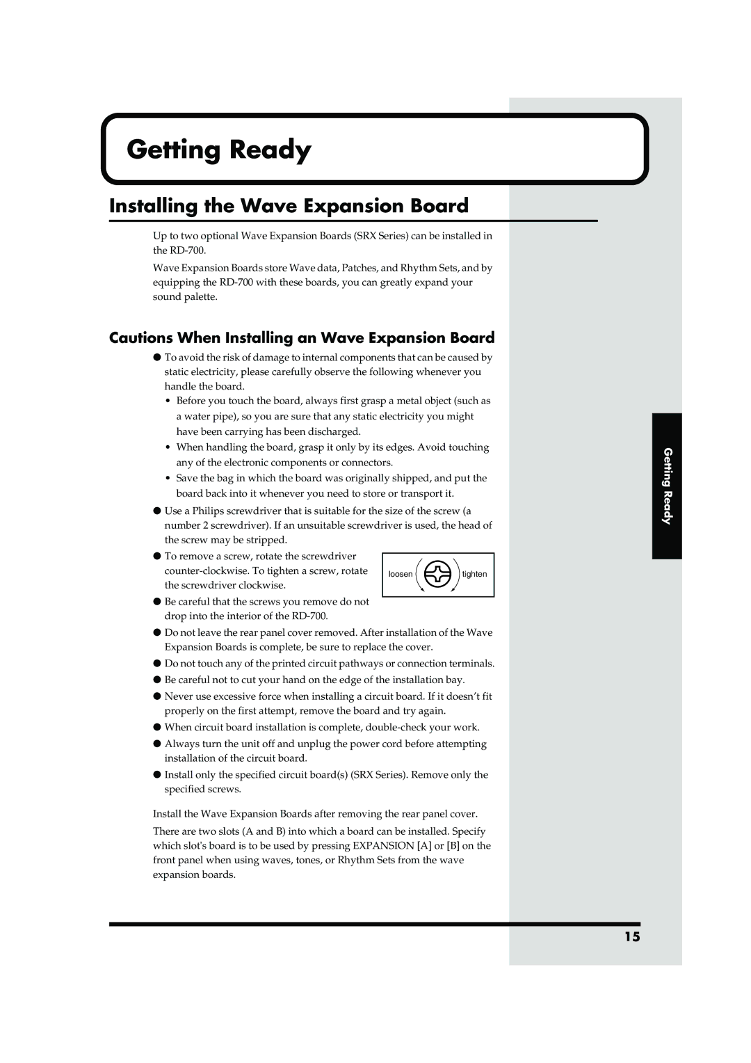 Roland RD-700 owner manual Getting Ready, Installing the Wave Expansion Board 