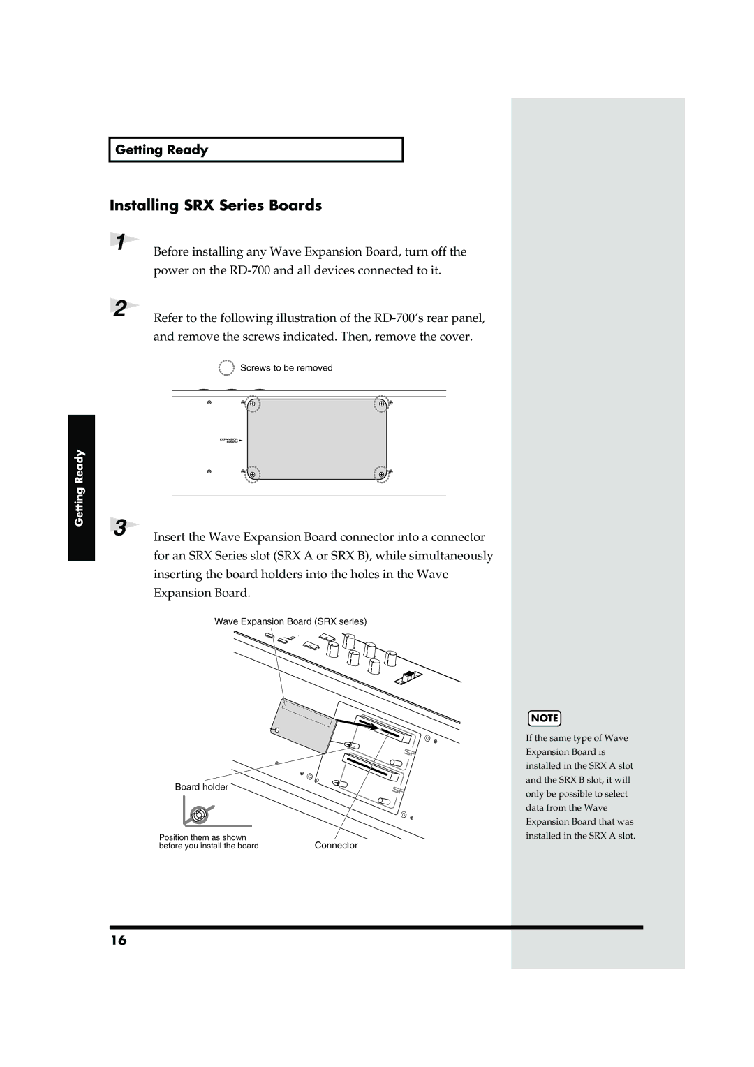 Roland RD-700 owner manual Installing SRX Series Boards, Getting Ready 