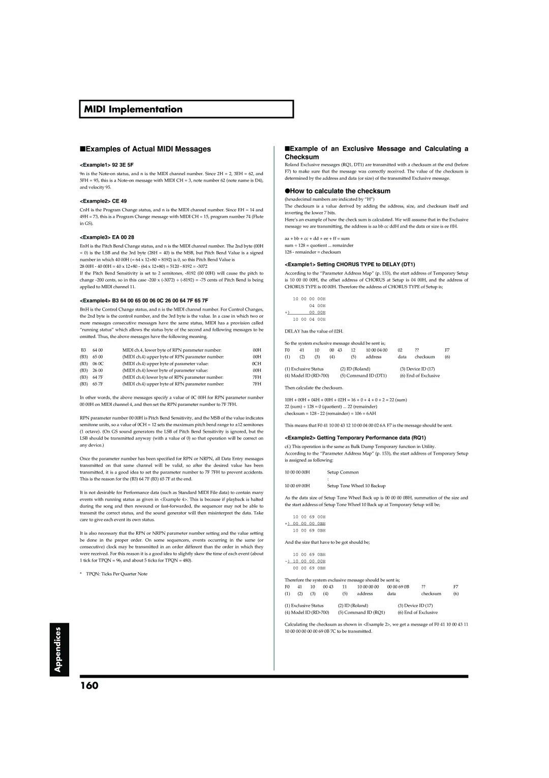 Roland RD-700 160, Examples of Actual Midi Messages, Example of an Exclusive Message and Calculating a Checksum 