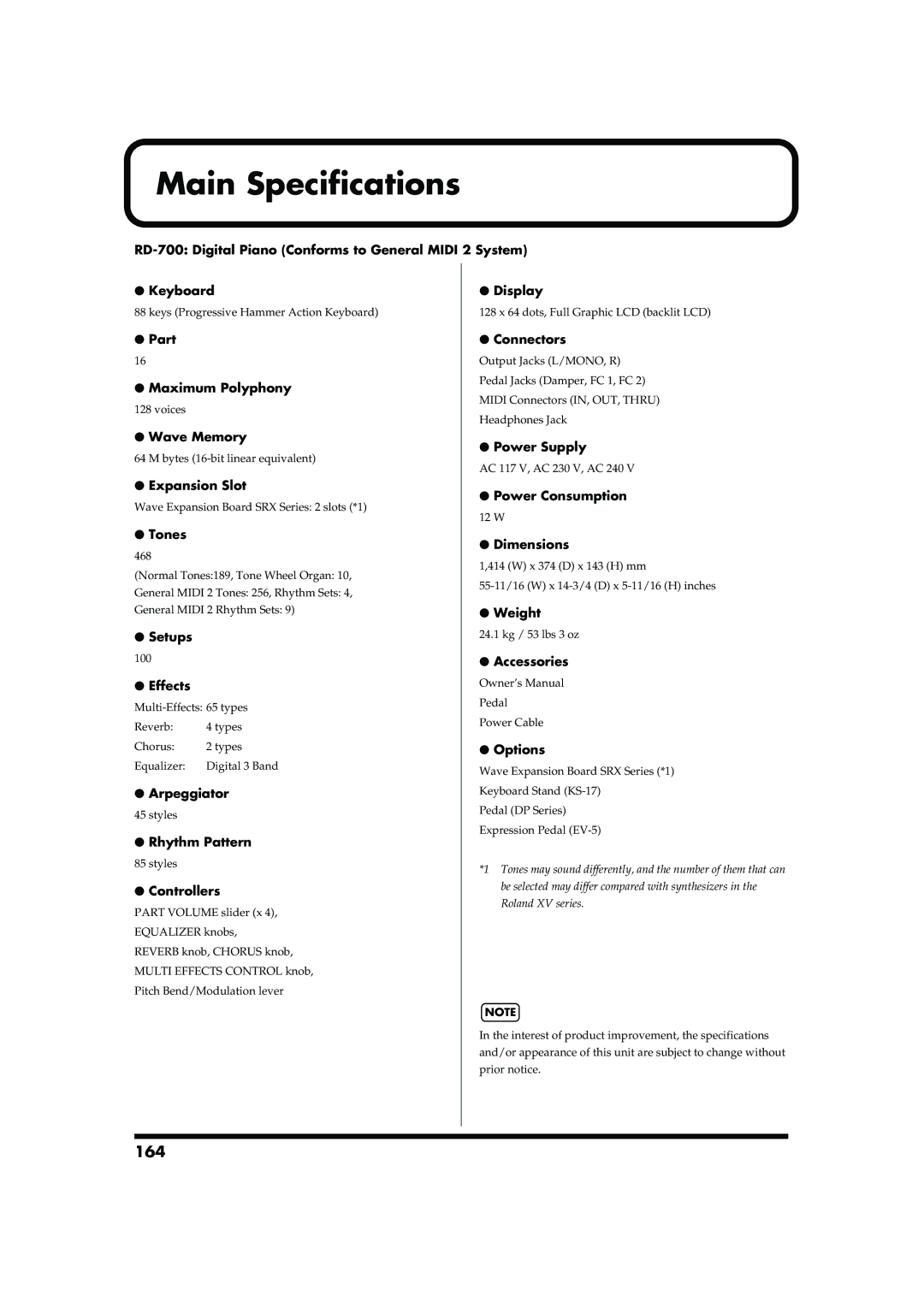 Roland RD-700 owner manual Main Specifications, 164 