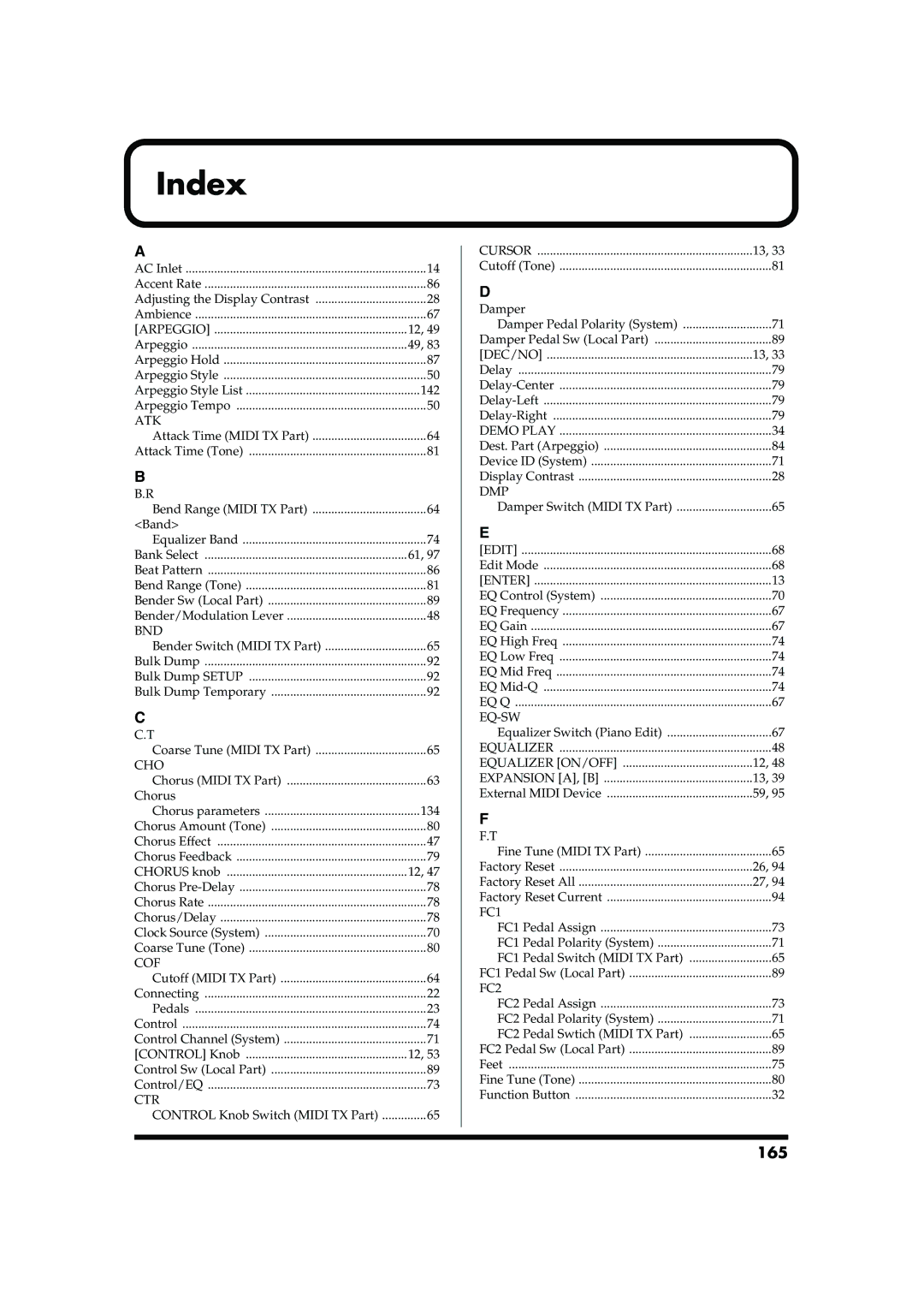 Roland RD-700 owner manual Index, 165 