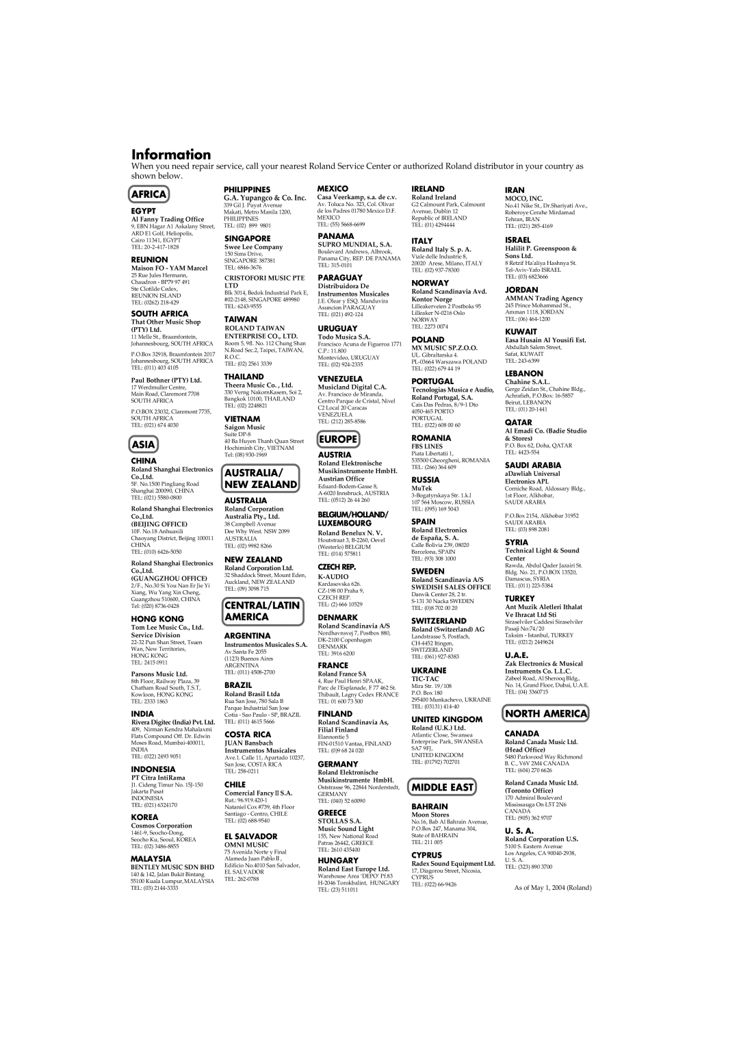 Roland RD-700 owner manual Africa, Asia, AUSTRALIA/ NEW Zealand, Europe, Middle East, North America 