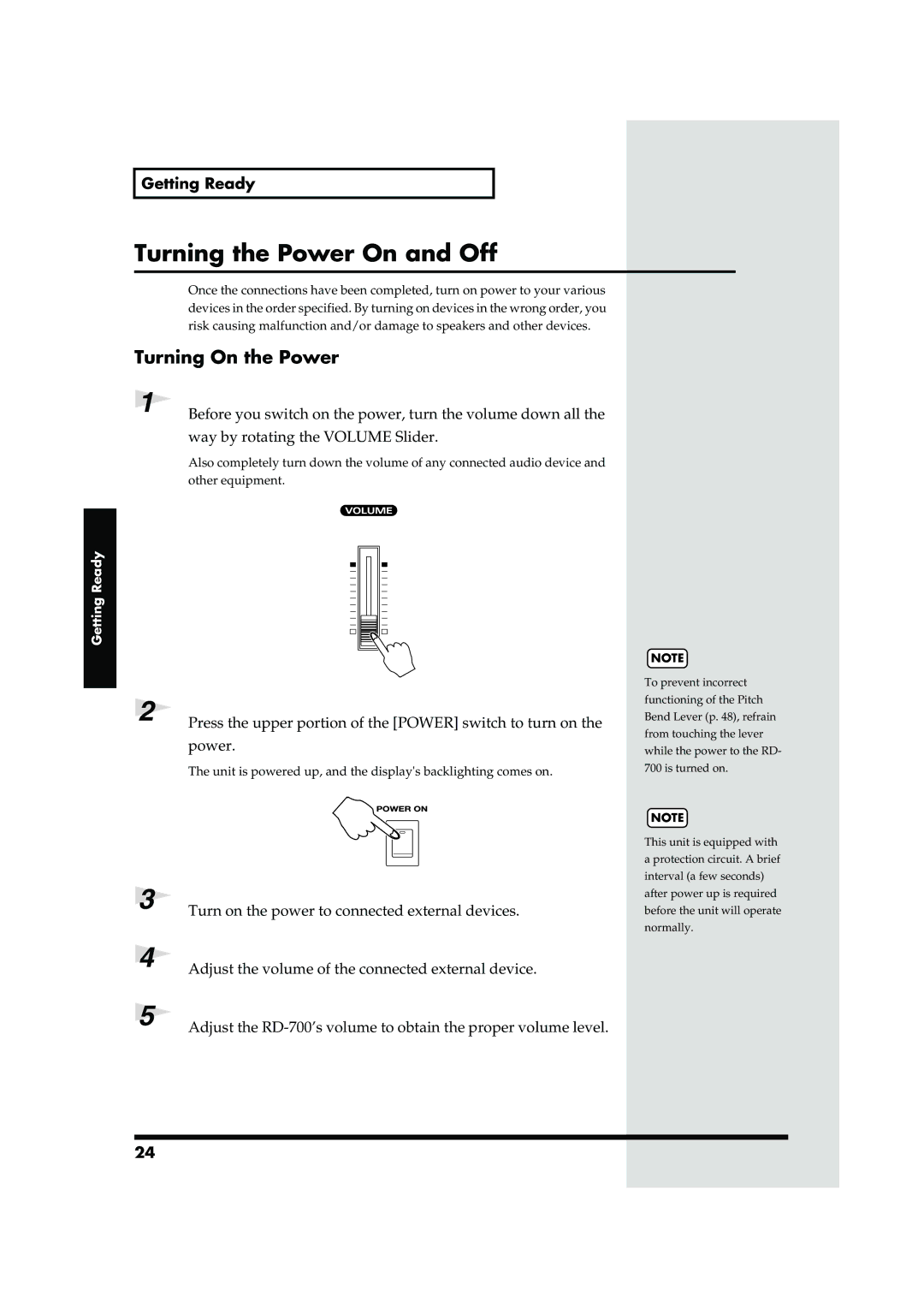 Roland RD-700 owner manual Turning the Power On and Off, Turning On the Power 