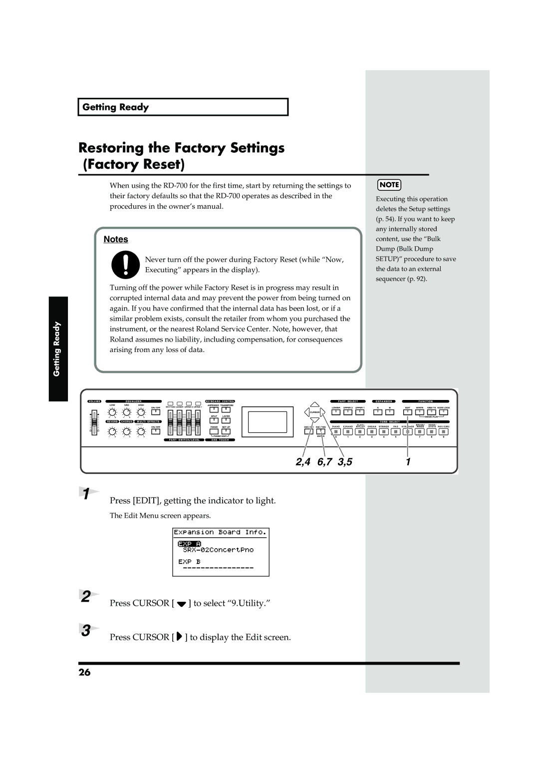 Roland RD-700 Restoring the Factory Settings Factory Reset, Press Cursor To select 9.Utility To display the Edit screen 