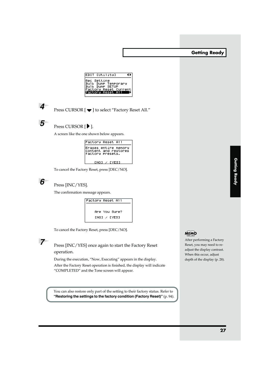 Roland RD-700 owner manual Press Cursor to select Factory Reset All, Press INC/YES 