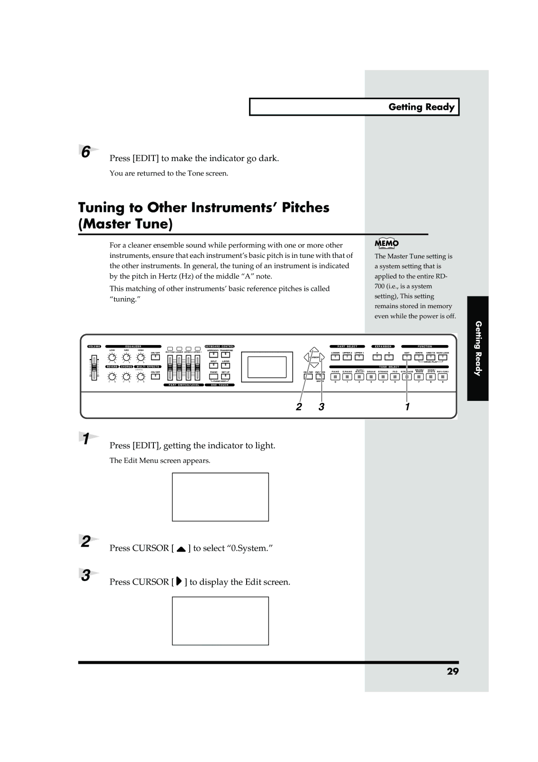 Roland RD-700 owner manual Tuning to Other Instruments’ Pitches Master Tune, Press Edit to make the indicator go dark 