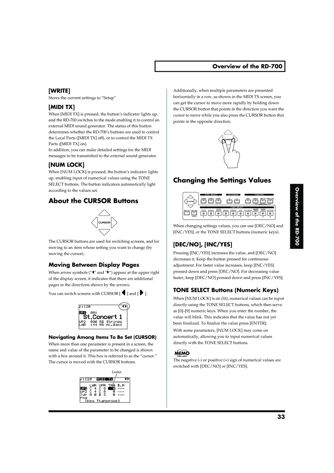 Roland RD-700 owner manual About the Cursor Buttons, Changing the Settings Values 