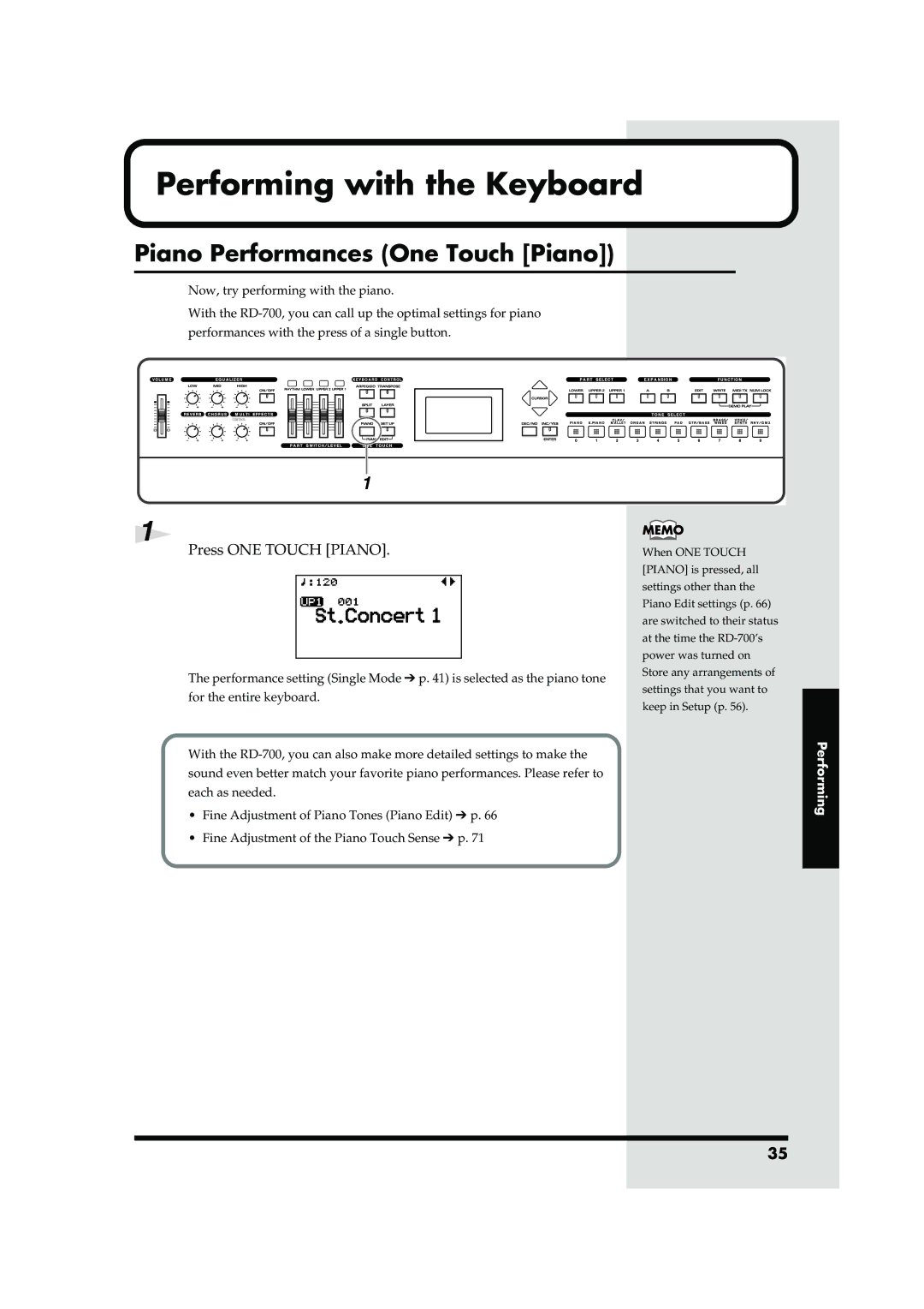 Roland RD-700 owner manual Performing with the Keyboard, Piano Performances One Touch Piano, Press ONE Touch Piano 