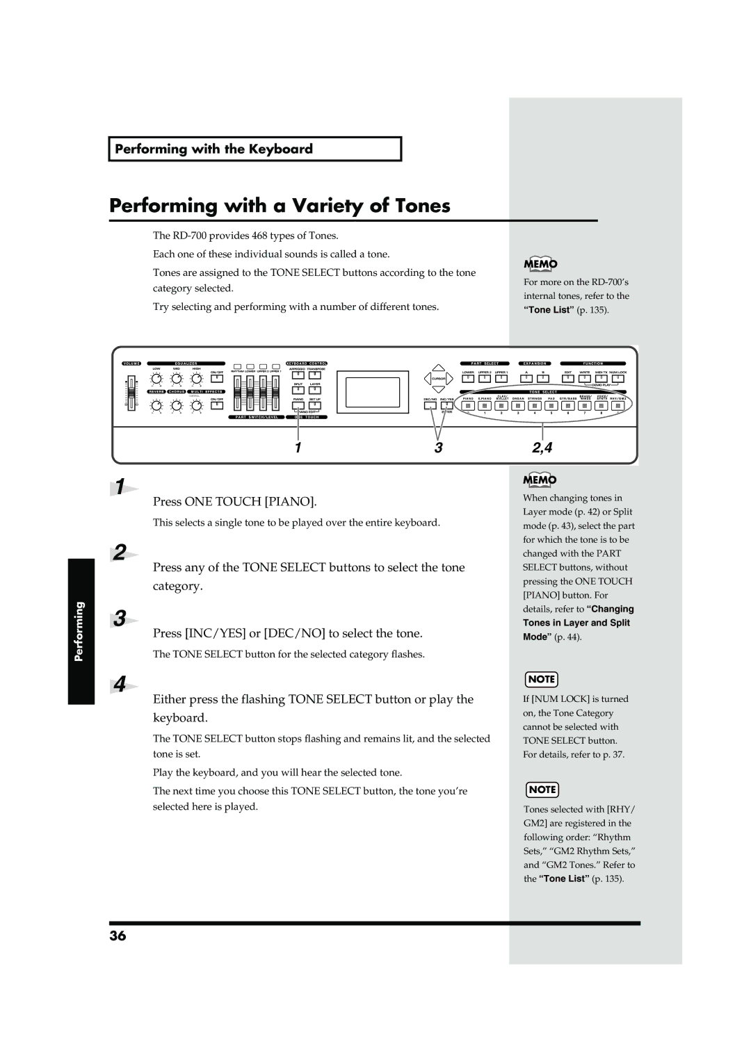 Roland RD-700 owner manual Performing with a Variety of Tones, Performing with the Keyboard, Tones in Layer and Split 