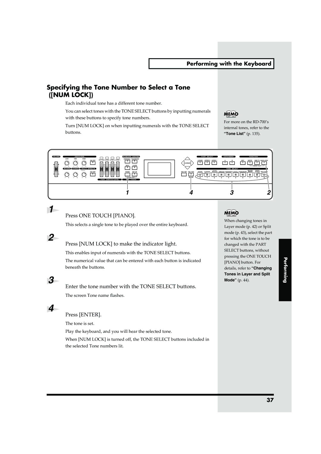 Roland RD-700 owner manual Specifying the Tone Number to Select a Tone NUM Lock, Press NUM Lock to make the indicator light 