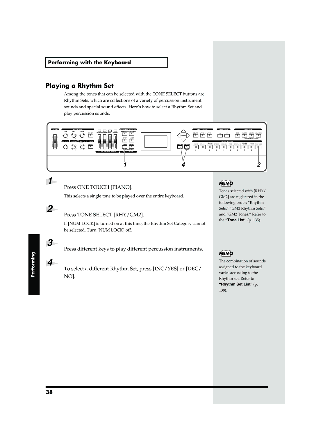 Roland RD-700 owner manual Playing a Rhythm Set, Press Tone Select RHY/GM2 