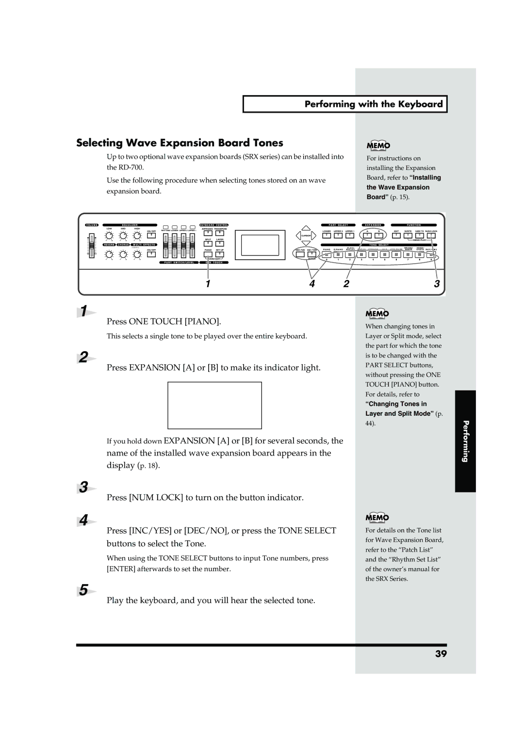 Roland RD-700 owner manual Selecting Wave Expansion Board Tones, Press Expansion a or B to make its indicator light 