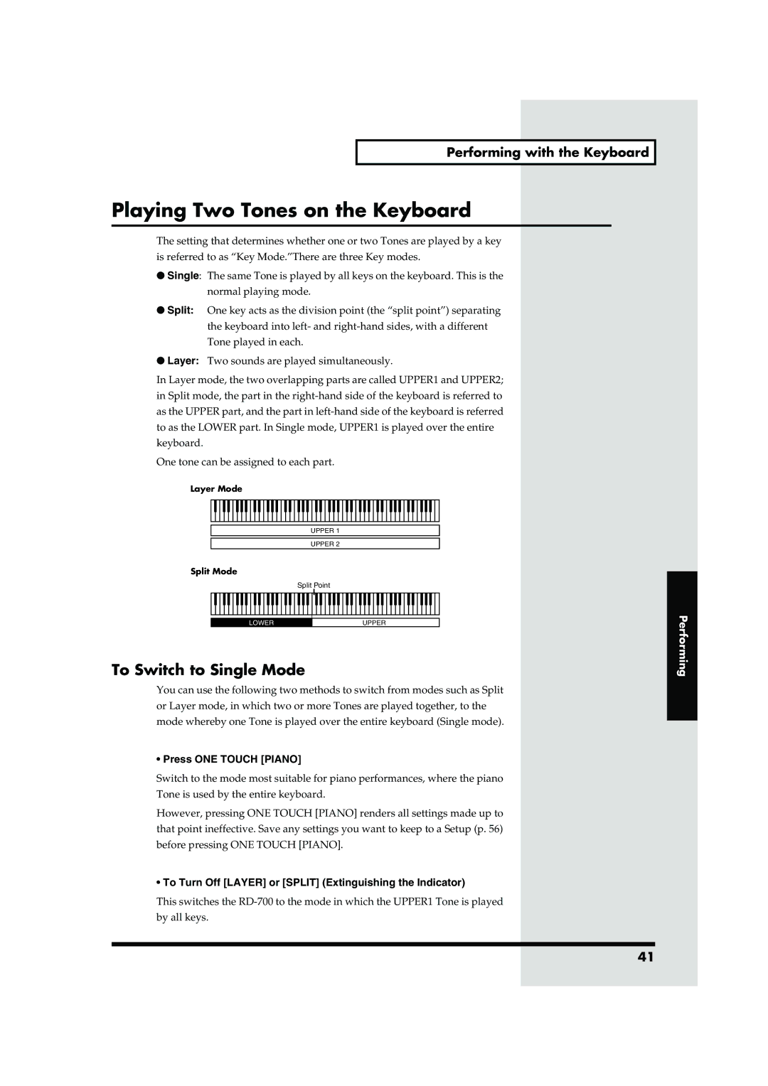 Roland RD-700 owner manual Playing Two Tones on the Keyboard, To Switch to Single Mode, Press ONE Touch Piano 