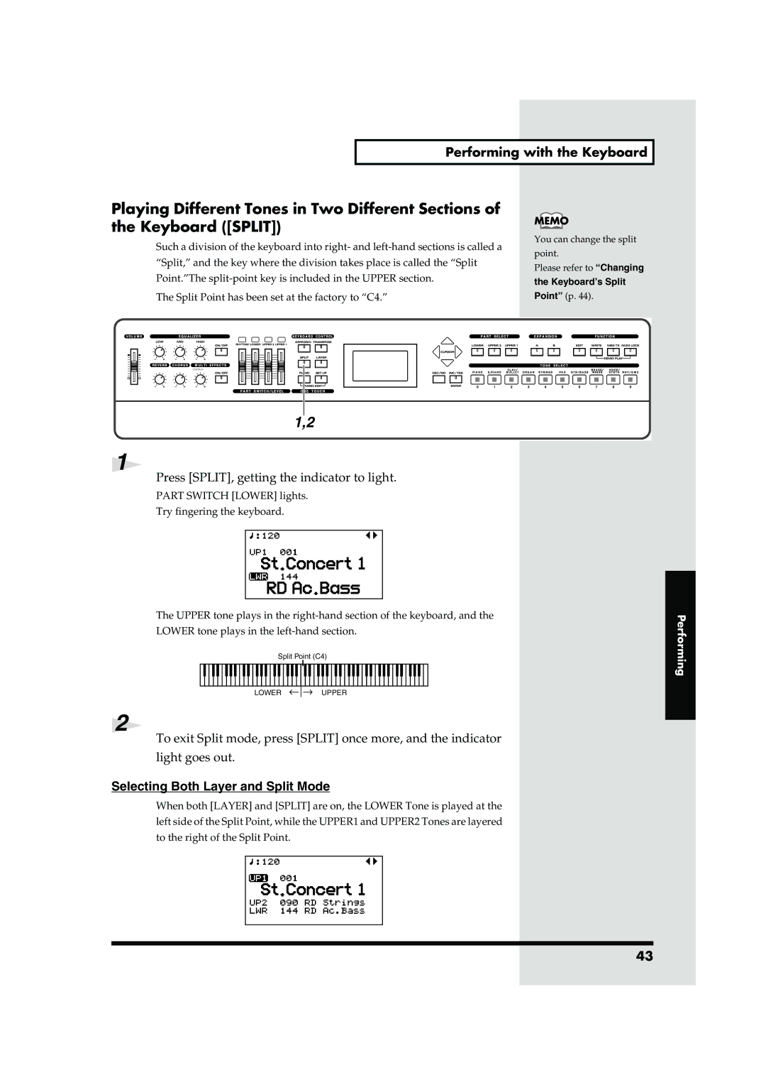 Roland RD-700 Press SPLIT, getting the indicator to light, Selecting Both Layer and Split Mode, Keyboard’s Split 