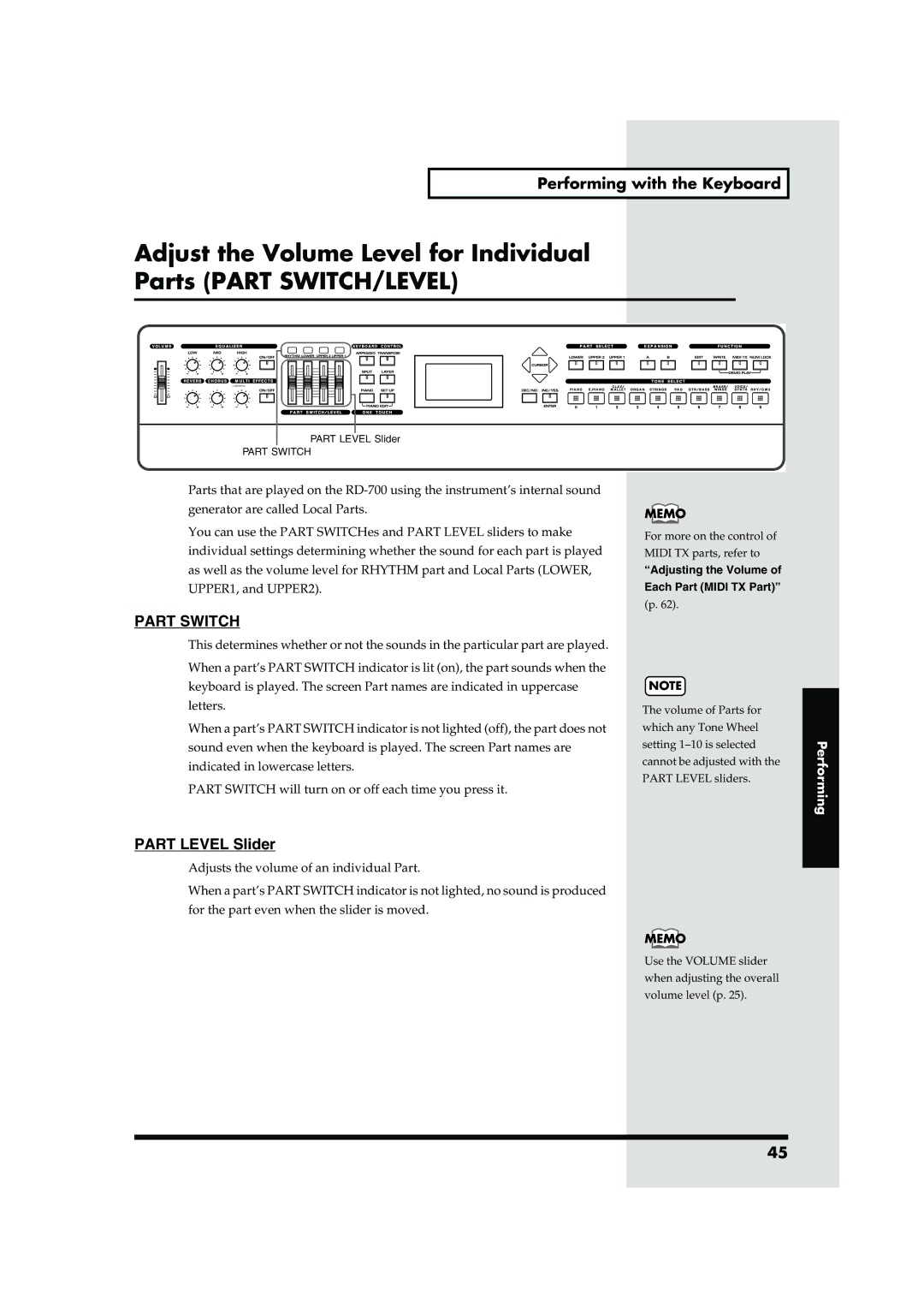 Roland RD-700 owner manual Part Level Slider, Adjusting the Volume Each Part Midi TX Part 