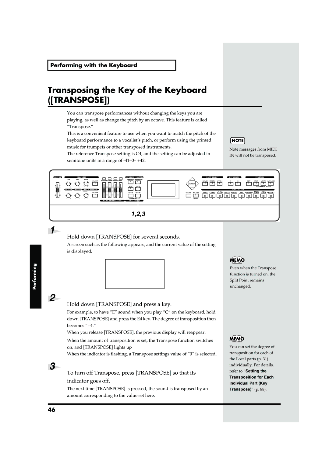 Roland RD-700 owner manual Transposing the Key of the Keyboard Transpose, Hold down Transpose for several seconds 