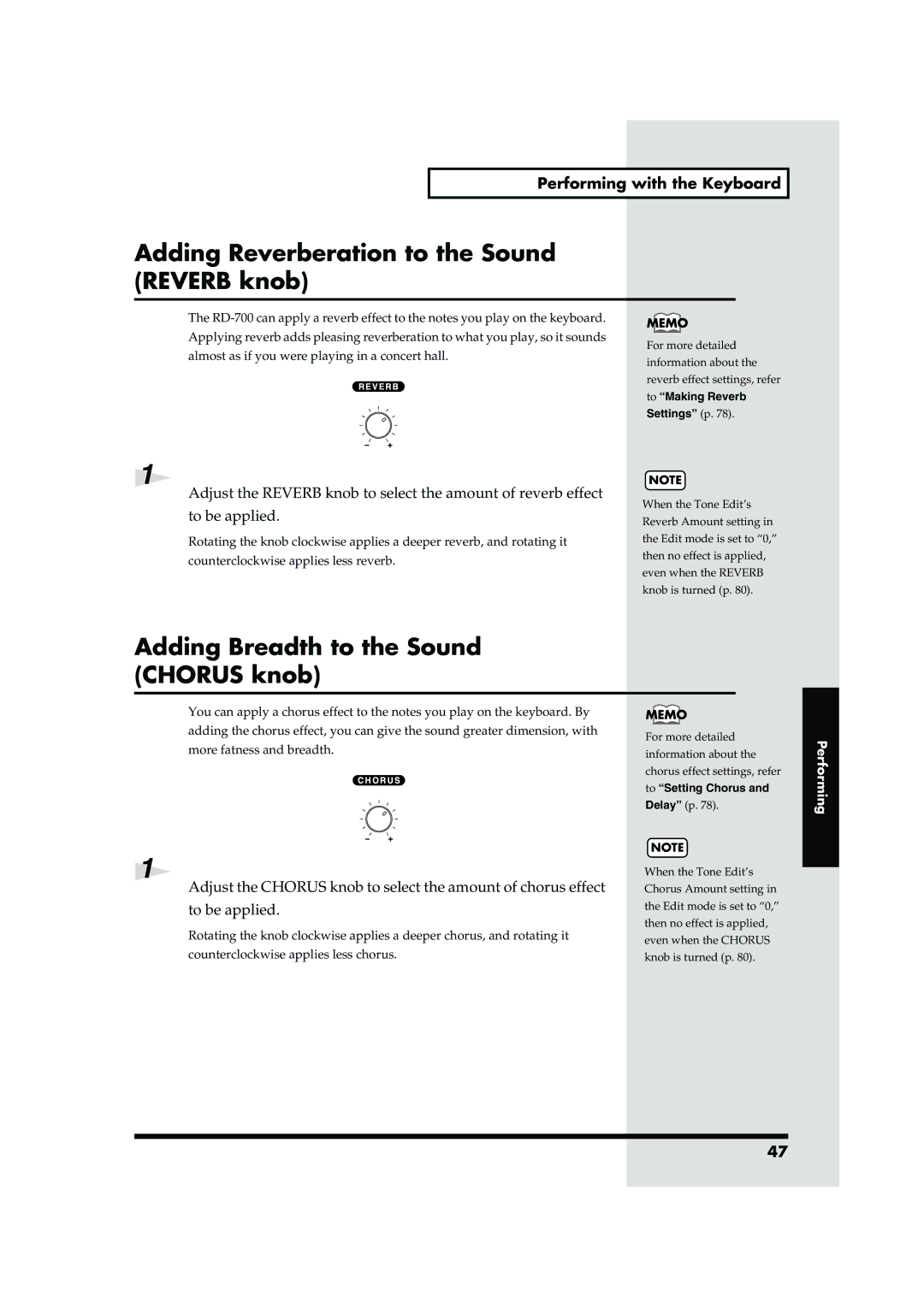 Roland RD-700 owner manual Adding Reverberation to the Sound Reverb knob, Adding Breadth to the Sound Chorus knob 