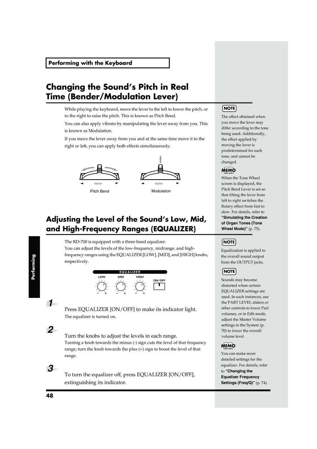 Roland RD-700 Press Equalizer ON/OFF to make its indicator light, Turn the knobs to adjust the levels in each range 