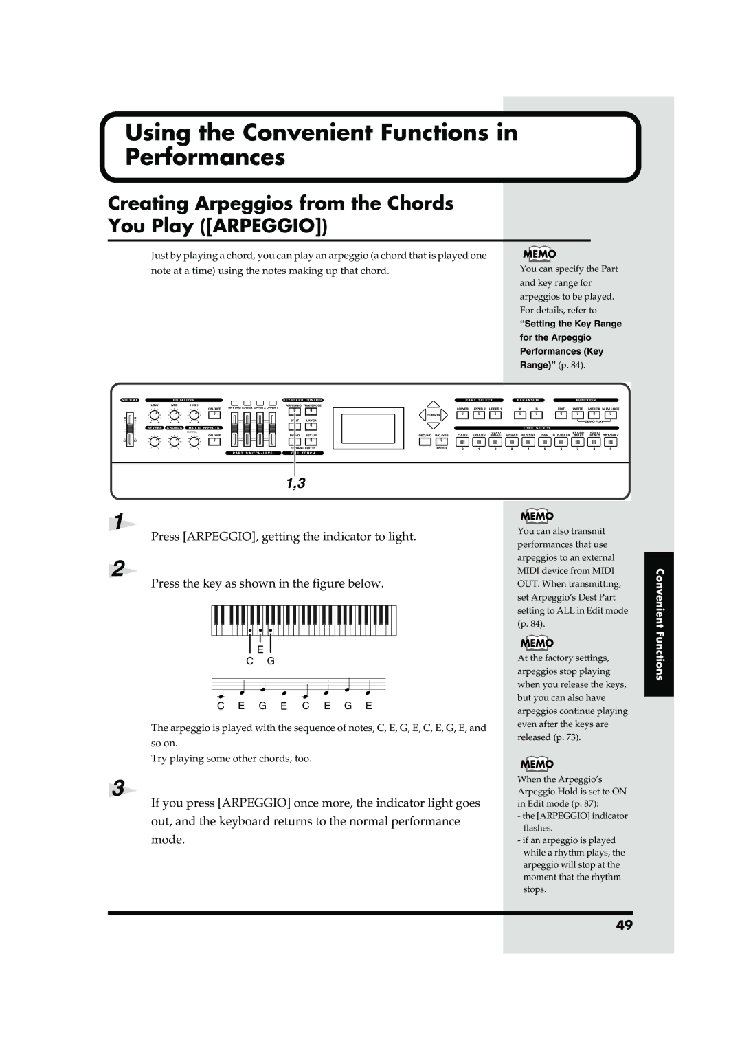 Roland RD-700 Using the Convenient Functions in Performances, Creating Arpeggios from the Chords You Play Arpeggio 