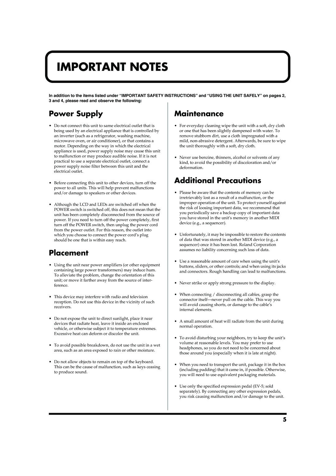 Roland RD-700 owner manual Power Supply, Placement, Maintenance, Additional Precautions 