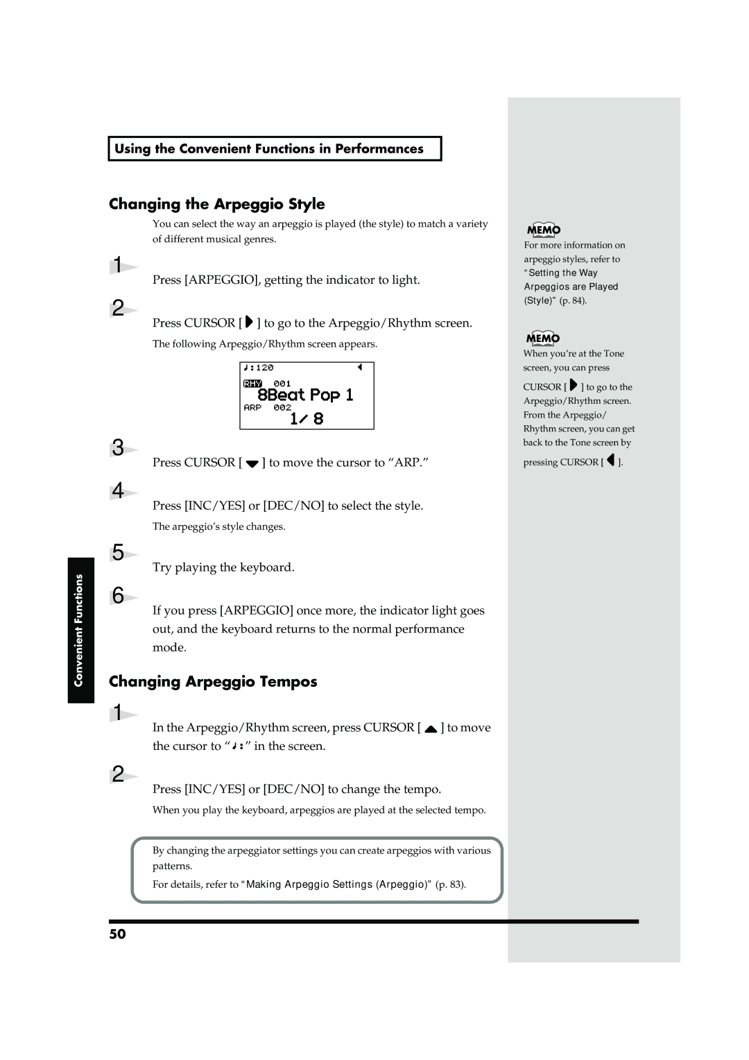 Roland RD-700 Changing the Arpeggio Style, Changing Arpeggio Tempos, Using the Convenient Functions in Performances 