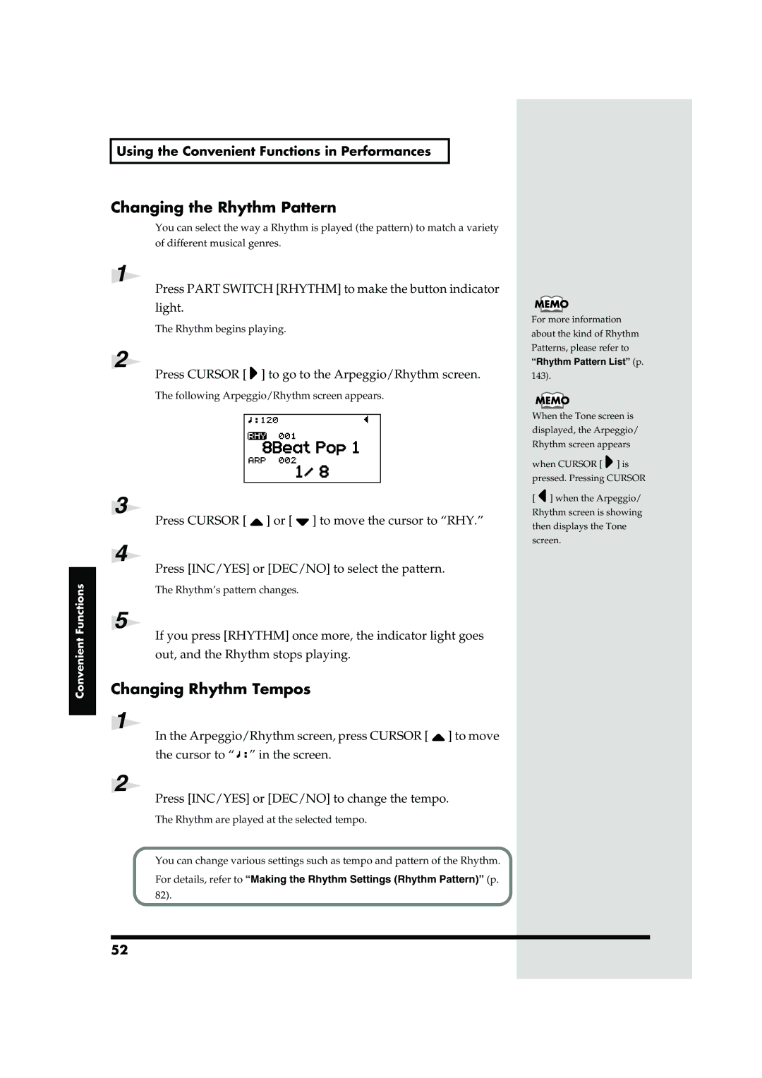 Roland RD-700 owner manual Changing the Rhythm Pattern, Changing Rhythm Tempos, Rhythm Pattern List p 